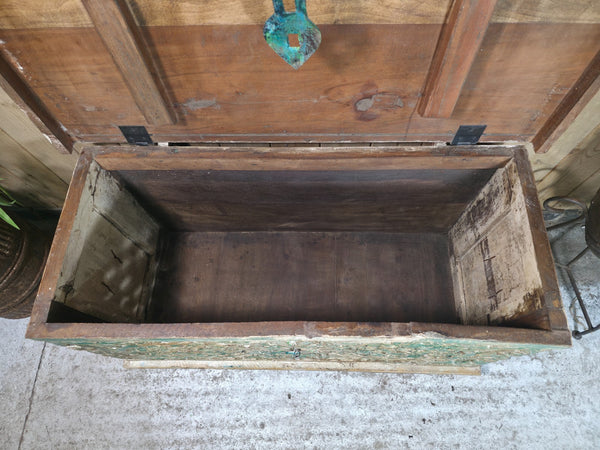 Vintage Reclaimed Indian Hand Carved Solid Wooden Ottoman Blanket Box Trunk