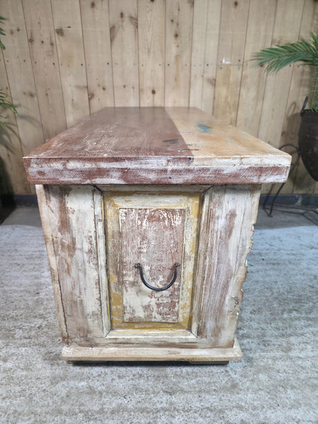 Vintage Reclaimed Indian Hand Carved Solid Wooden Ottoman Blanket Box Trunk