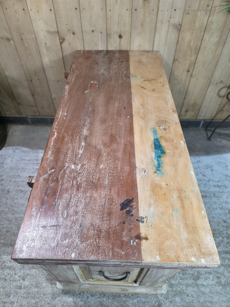 Vintage Reclaimed Indian Hand Carved Solid Wooden Ottoman Blanket Box Trunk