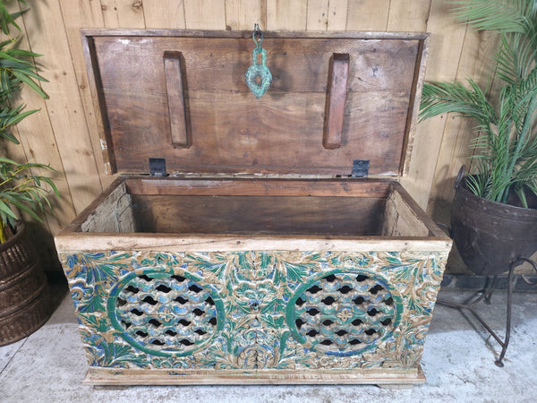 Vintage Reclaimed Indian Hand Carved Solid Wooden Ottoman Blanket Box Trunk