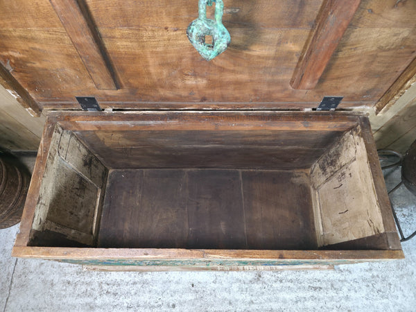 Vintage Reclaimed Indian Hand Carved Solid Wooden Ottoman Blanket Box Trunk