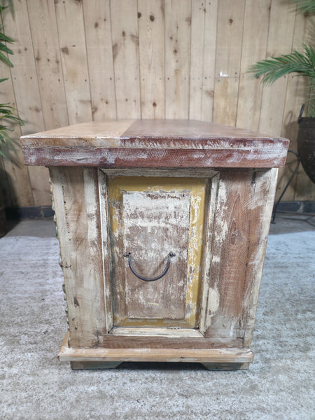 Vintage Reclaimed Indian Hand Carved Solid Wooden Ottoman Blanket Box Trunk