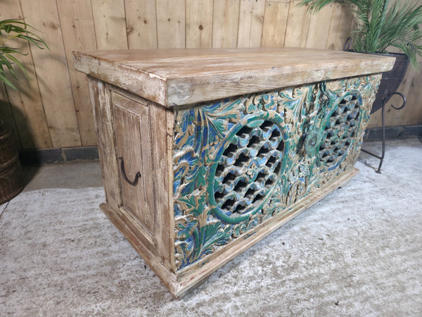 Vintage Reclaimed Indian Hand Carved Solid Wooden Ottoman Blanket Box Trunk