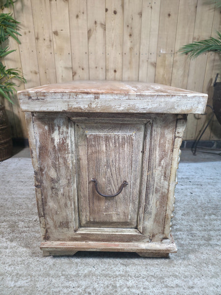 Vintage Reclaimed Indian Hand Carved Solid Wooden Ottoman Blanket Box Trunk
