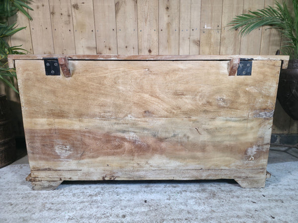 Vintage Reclaimed Indian Hand Carved Solid Wooden Ottoman Blanket Box Trunk