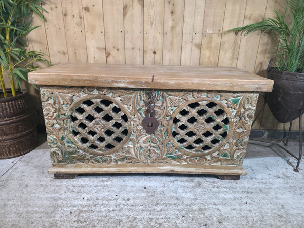 Vintage Reclaimed Indian Hand Carved Solid Wooden Ottoman Blanket Box Trunk