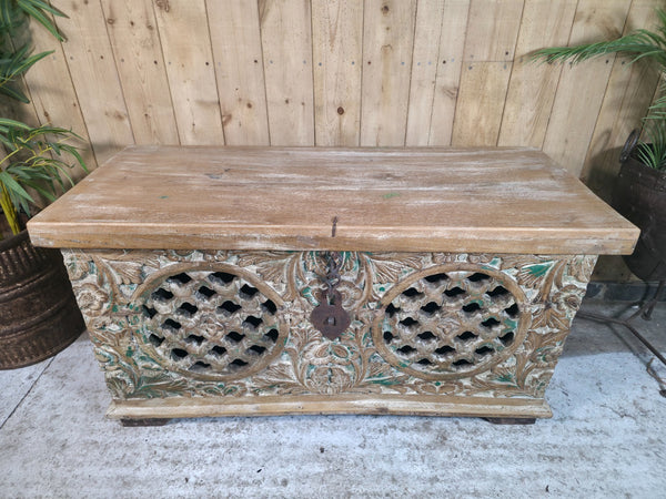 Vintage Reclaimed Indian Hand Carved Solid Wooden Ottoman Blanket Box Trunk