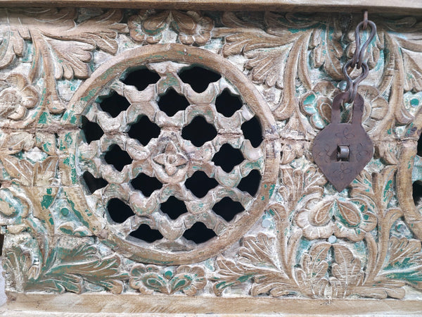 Vintage Reclaimed Indian Hand Carved Solid Wooden Ottoman Blanket Box Trunk