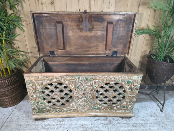 Vintage Reclaimed Indian Hand Carved Solid Wooden Ottoman Blanket Box Trunk
