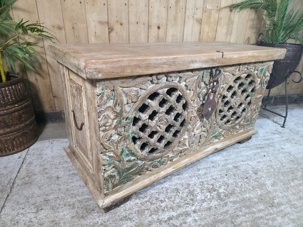 Vintage Reclaimed Indian Hand Carved Solid Wooden Ottoman Blanket Box Trunk