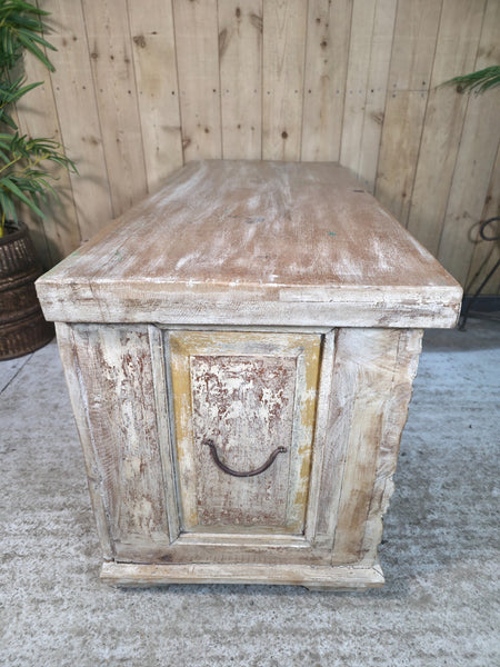 Vintage Reclaimed Indian Hand Carved Solid Wooden Ottoman Blanket Box Trunk