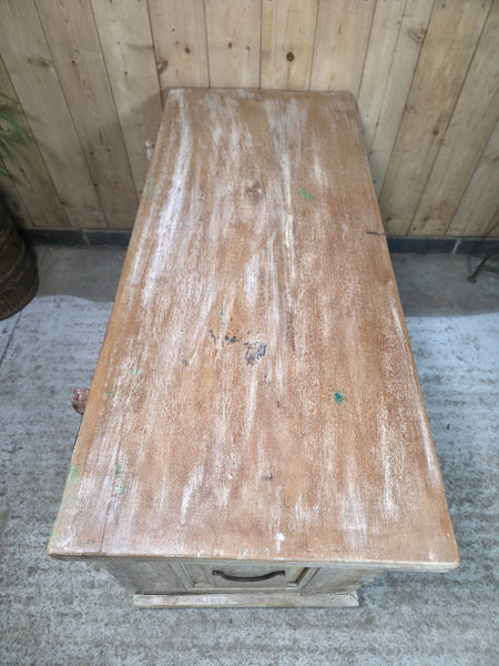 Vintage Reclaimed Indian Hand Carved Solid Wooden Ottoman Blanket Box Trunk