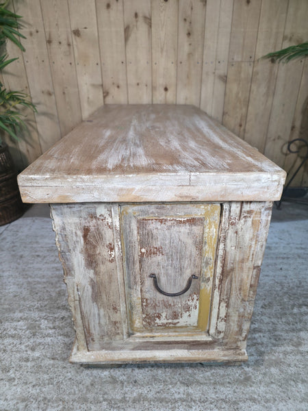 Vintage Reclaimed Indian Hand Carved Solid Wooden Ottoman Blanket Box Trunk
