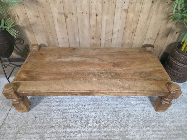 Rustic Hand Carved Indian Solid Mango Wood Low Coffee Table