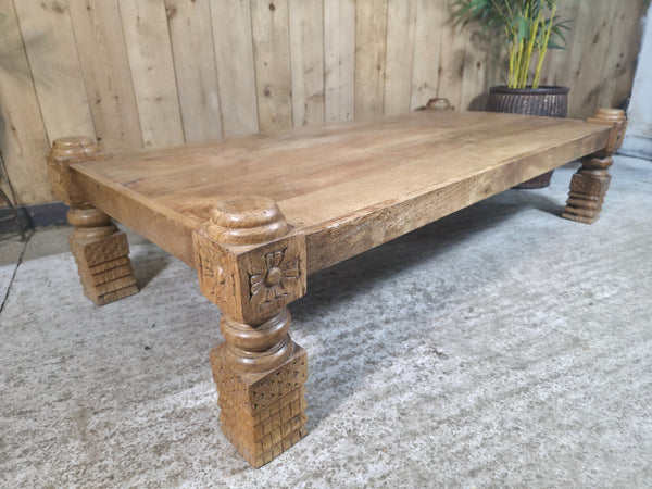 Rustic Hand Carved Indian Solid Mango Wood Low Coffee Table
