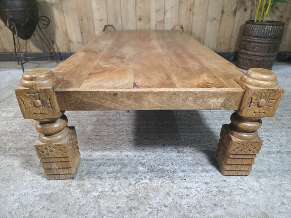Rustic Hand Carved Indian Solid Mango Wood Low Coffee Table