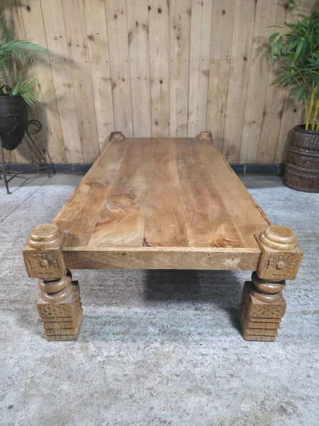 Rustic Hand Carved Indian Solid Mango Wood Low Coffee Table