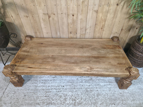 Rustic Hand Carved Indian Solid Mango Wood Low Coffee Table
