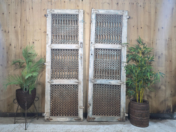 Old Vintage Antique Pair Indian Hardwood Doors Gates With Ironwork Room Divider