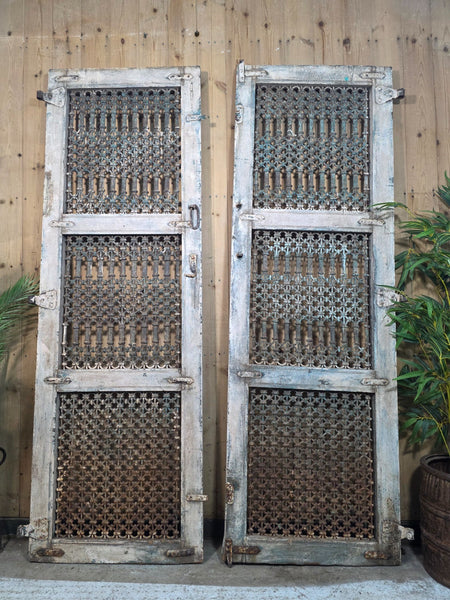 Old Vintage Antique Pair Indian Hardwood Doors Gates With Ironwork Room Divider