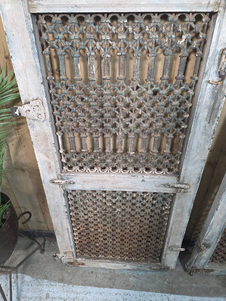Old Vintage Antique Pair Indian Hardwood Doors Gates With Ironwork Room Divider