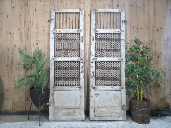 Old Vintage Antique Pair Indian Hardwood Doors Gates With Ironwork Room Divider