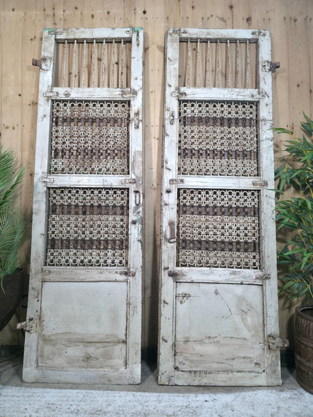 Old Vintage Antique Pair Indian Hardwood Doors Gates With Ironwork Room Divider
