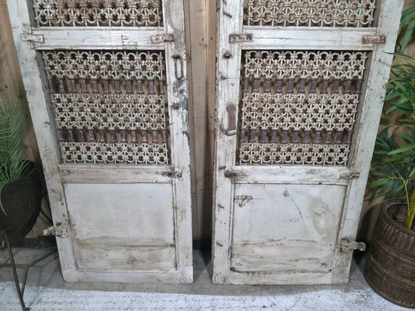 Old Vintage Antique Pair Indian Hardwood Doors Gates With Ironwork Room Divider