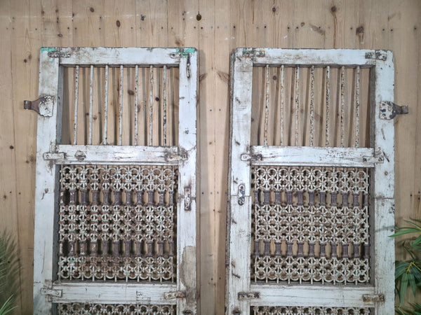 Old Vintage Antique Pair Indian Hardwood Doors Gates With Ironwork Room Divider