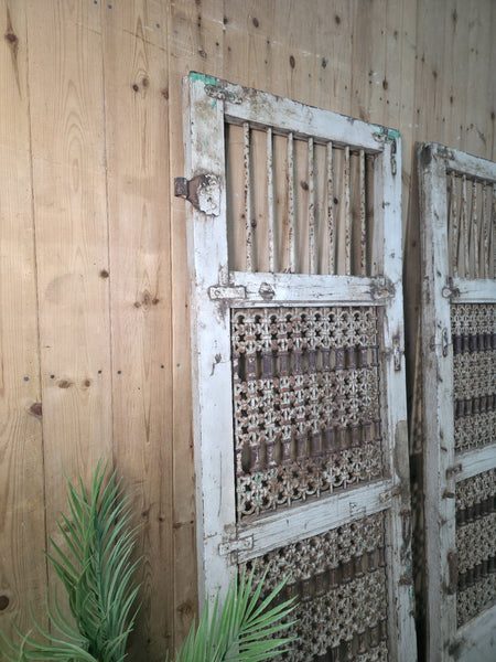 Old Vintage Antique Pair Indian Hardwood Doors Gates With Ironwork Room Divider