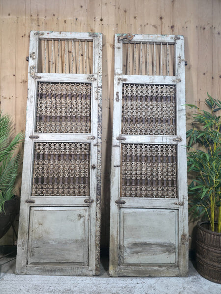 Old Vintage Antique Pair Indian Hardwood Doors Gates With Ironwork Room Divider