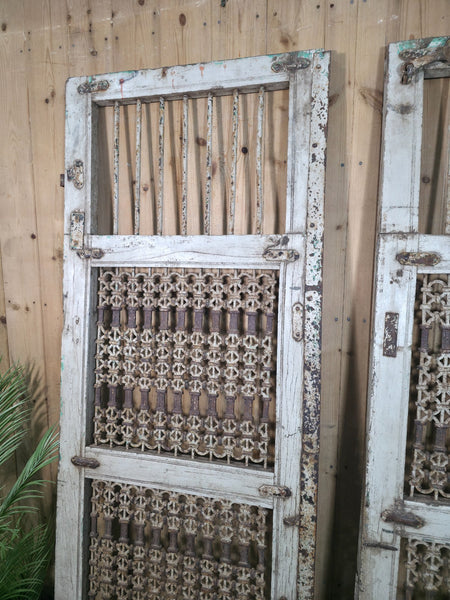 Old Vintage Antique Pair Indian Hardwood Doors Gates With Ironwork Room Divider