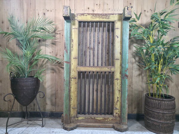 Large Vintage Rustic Indian Hardwood Window Frame Ironwork Screen Divider Table