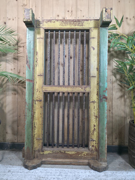 Large Vintage Rustic Indian Hardwood Window Frame Ironwork Screen Divider Table