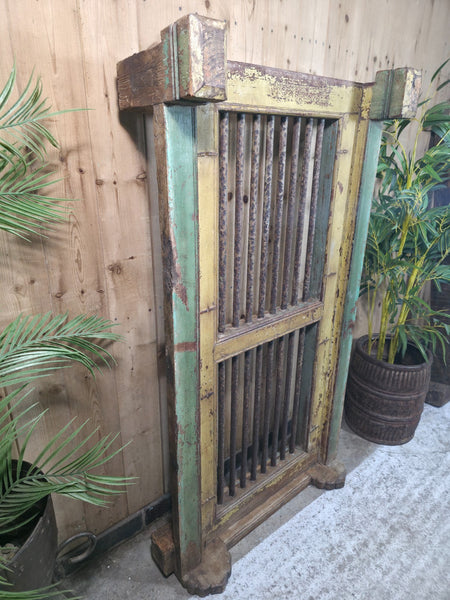 Large Vintage Rustic Indian Hardwood Window Frame Ironwork Screen Divider Table