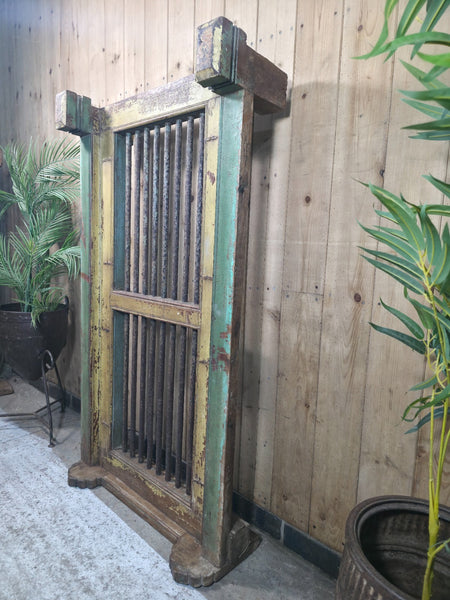 Large Vintage Rustic Indian Hardwood Window Frame Ironwork Screen Divider Table