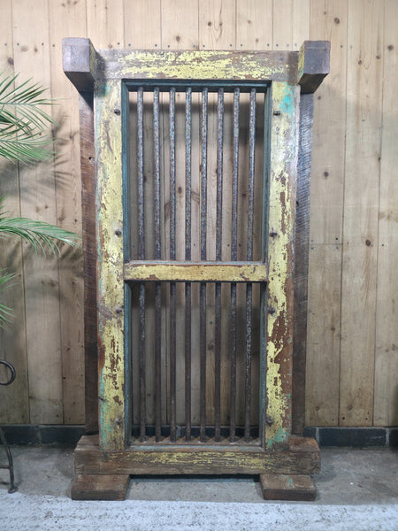 Large Vintage Rustic Indian Hardwood Window Frame Ironwork Screen Divider Table