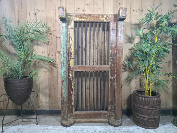 Large Vintage Rustic Indian Hardwood Window Frame Ironwork Screen Divider Table