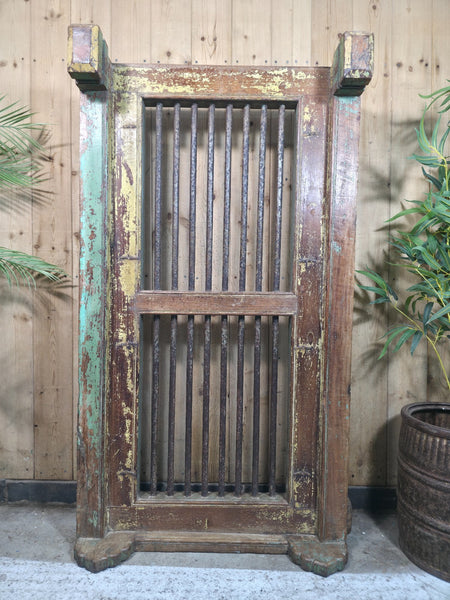 Large Vintage Rustic Indian Hardwood Window Frame Ironwork Screen Divider Table