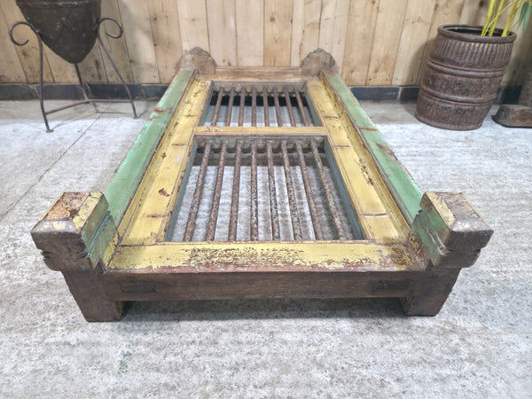Large Vintage Rustic Indian Hardwood Window Frame Ironwork Screen Divider Table