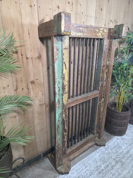 Large Vintage Rustic Indian Hardwood Window Frame Ironwork Screen Divider Table
