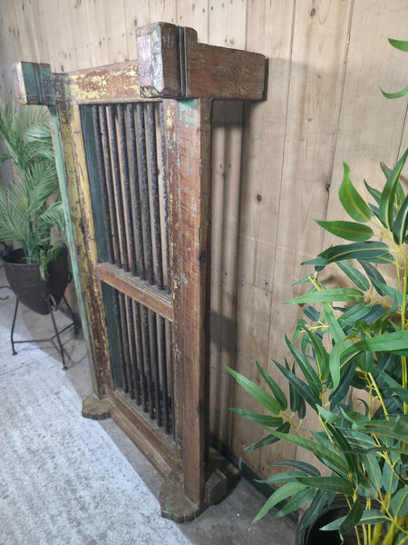 Large Vintage Rustic Indian Hardwood Window Frame Ironwork Screen Divider Table
