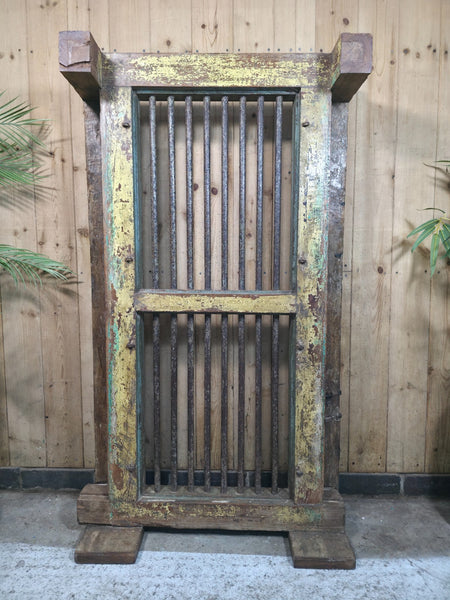 Large Vintage Rustic Indian Hardwood Window Frame Ironwork Screen Divider Table