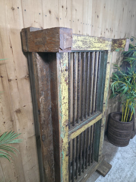 Large Vintage Rustic Indian Hardwood Window Frame Ironwork Screen Divider Table