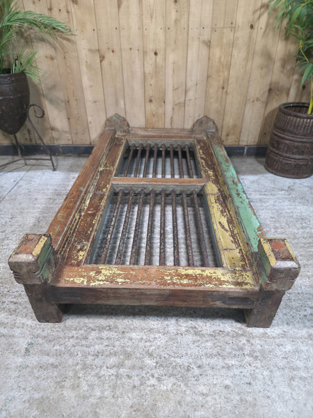 Large Vintage Rustic Indian Hardwood Window Frame Ironwork Screen Divider Table