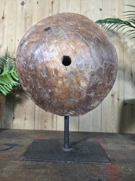 Old Ancient Wabi Sabi Rustic Salvaged Wooden Pulley Cart Wheel Mounted on stand