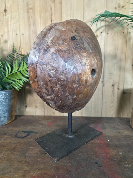 Old Ancient Wabi Sabi Rustic Salvaged Wooden Pulley Cart Wheel Mounted on stand