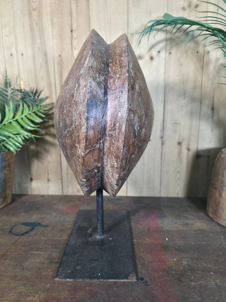 Old Ancient Wabi Sabi Rustic Salvaged Wooden Pulley Cart Wheel Mounted on stand