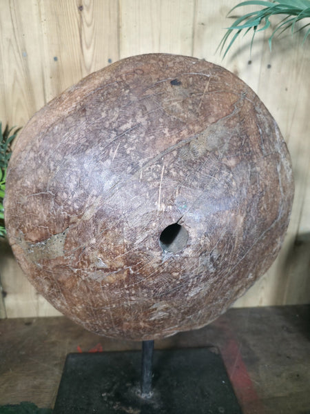 Old Ancient Wabi Sabi Rustic Salvaged Wooden Pulley Cart Wheel Mounted on stand