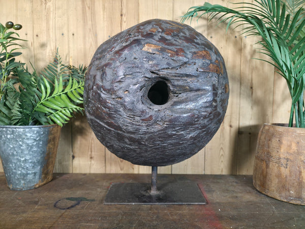 Old Ancient Wabi Sabi Rustic Salvaged Wooden Pulley Cart Wheel Mounted on stand